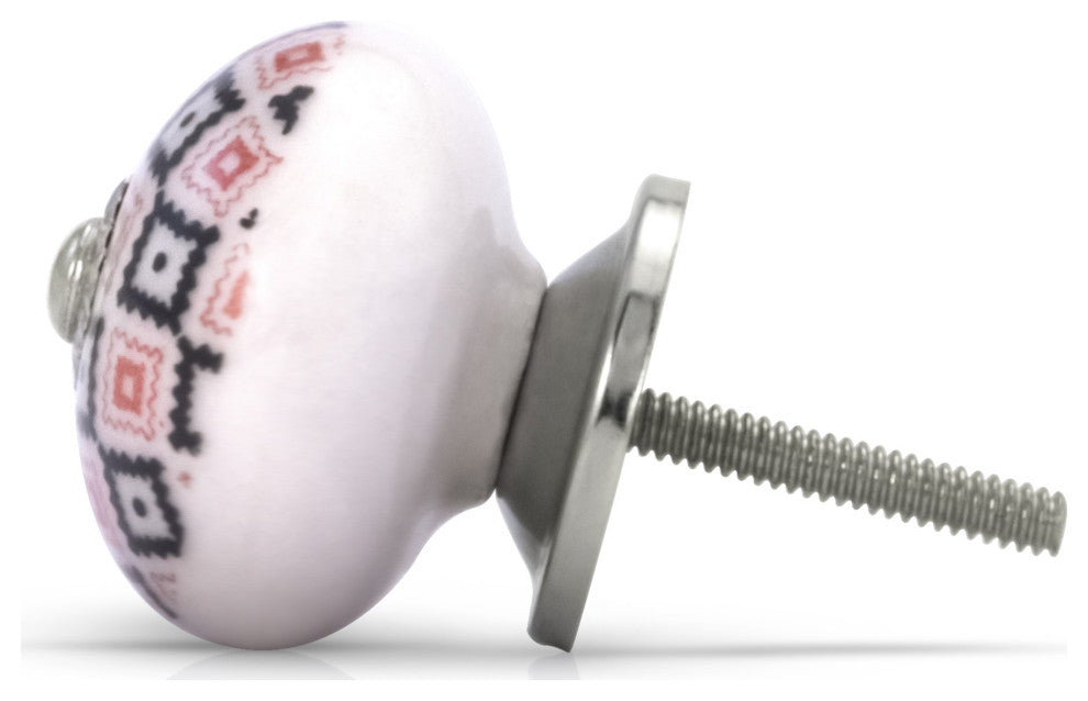 Mascot Hardware White Ceramic Knob with Pink and Black Geometric Pattern - PK 10
