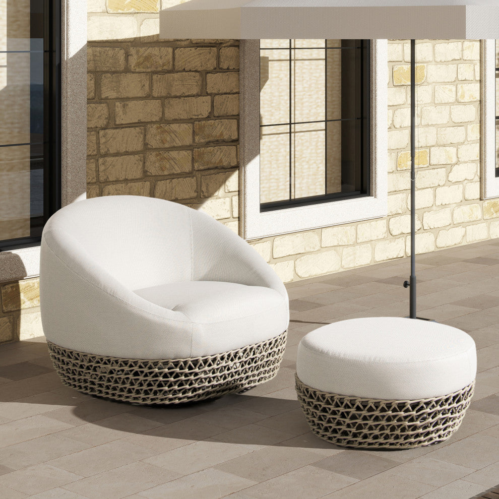 Willow 25" Outdoor Ottoman with Rope Details, Wheat Beige Axroma Olefin