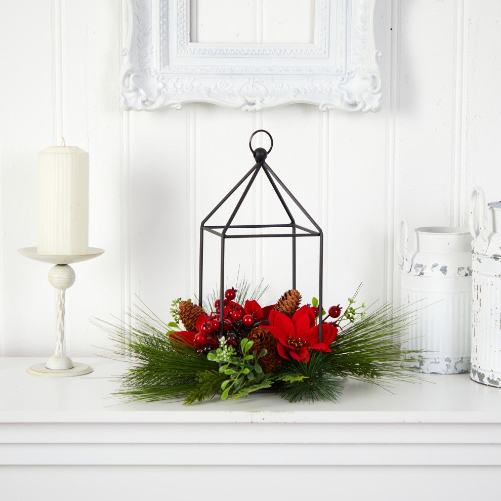14" Xmas Poinsettia, Berry & Pinecone Metal Candle Holder Faux Table Arrangement