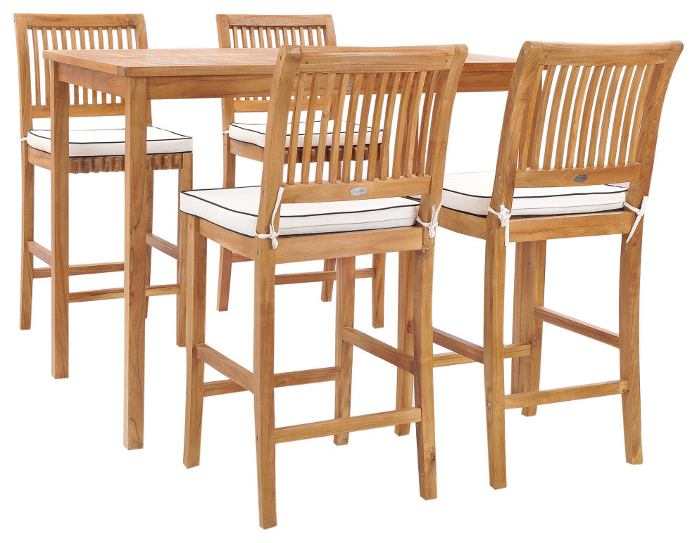 5 Piece Teak Wood Castle 55" Rectangular Patio Bistro Bar Set with 4 Barstools