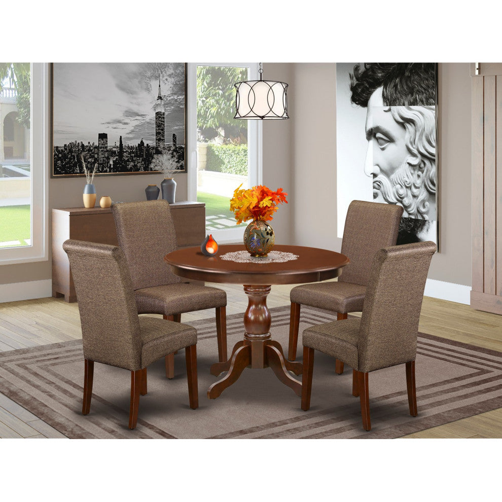 5 Pc Dining Set, Mahogany Wood Table, 4 Brown Faux Leather Chairs