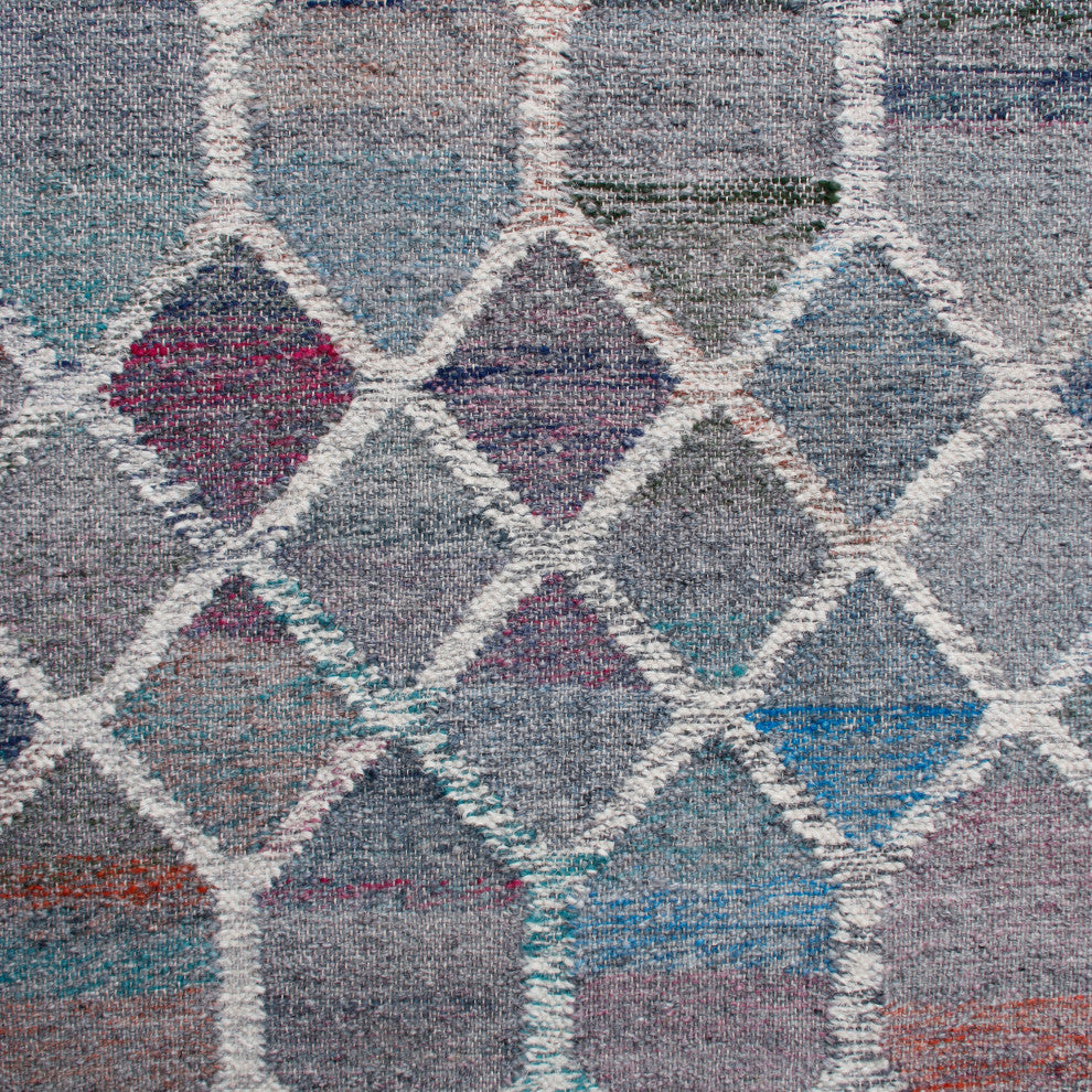 Multicolored Mosaic Lattice Handwoven Wool Dhurrie Area Rug, 7'9" X 9'9"
