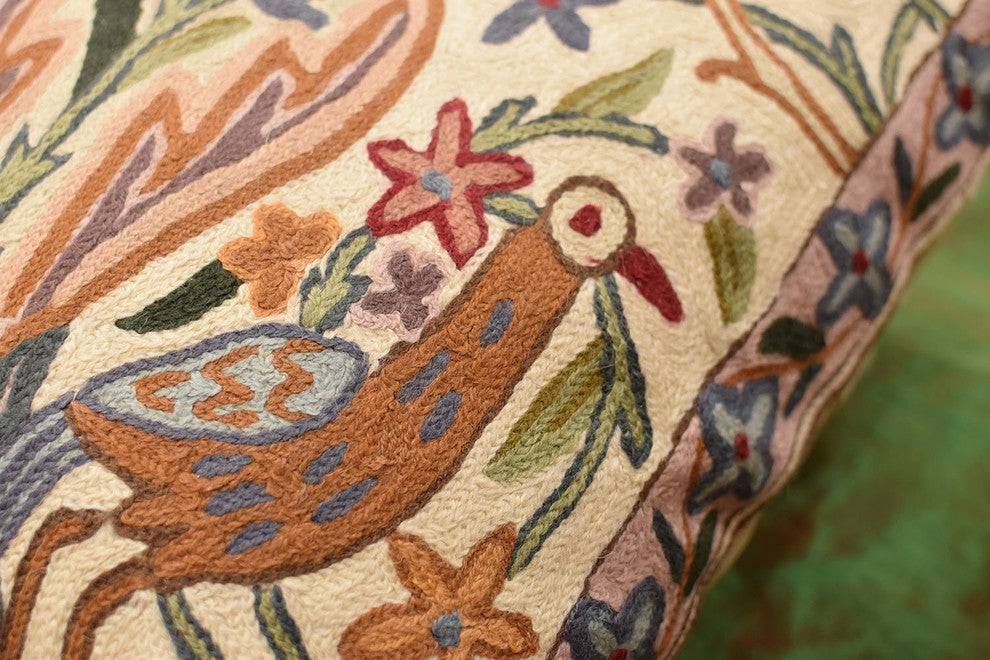 Floral Vase Tree of Life Two Crane Decorative Pillow Cover Handmade Wool 18x18"