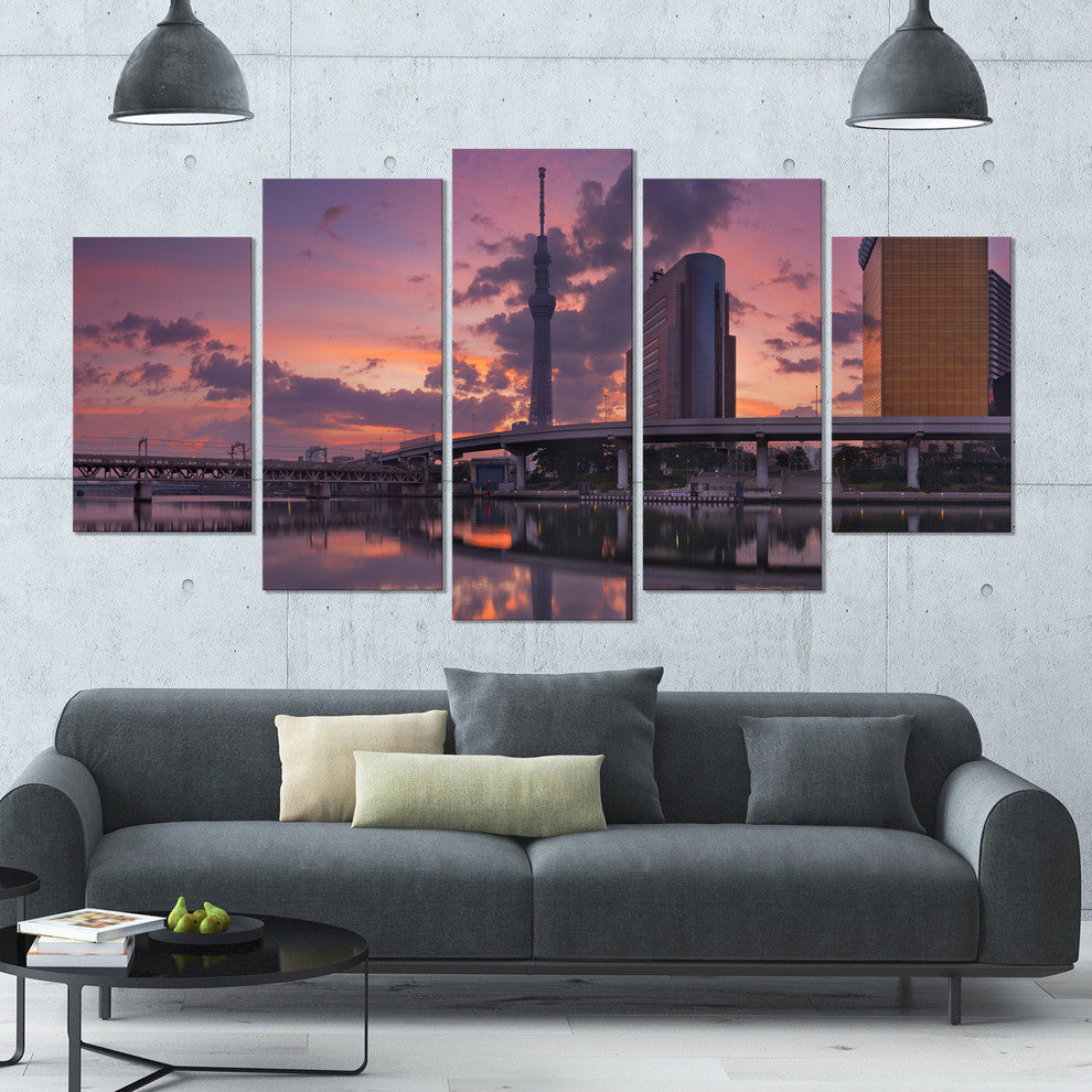 Tokyo Sky Tree and Sumida River, Landscape Canvas Art Print, 60"x32", 5 Panels