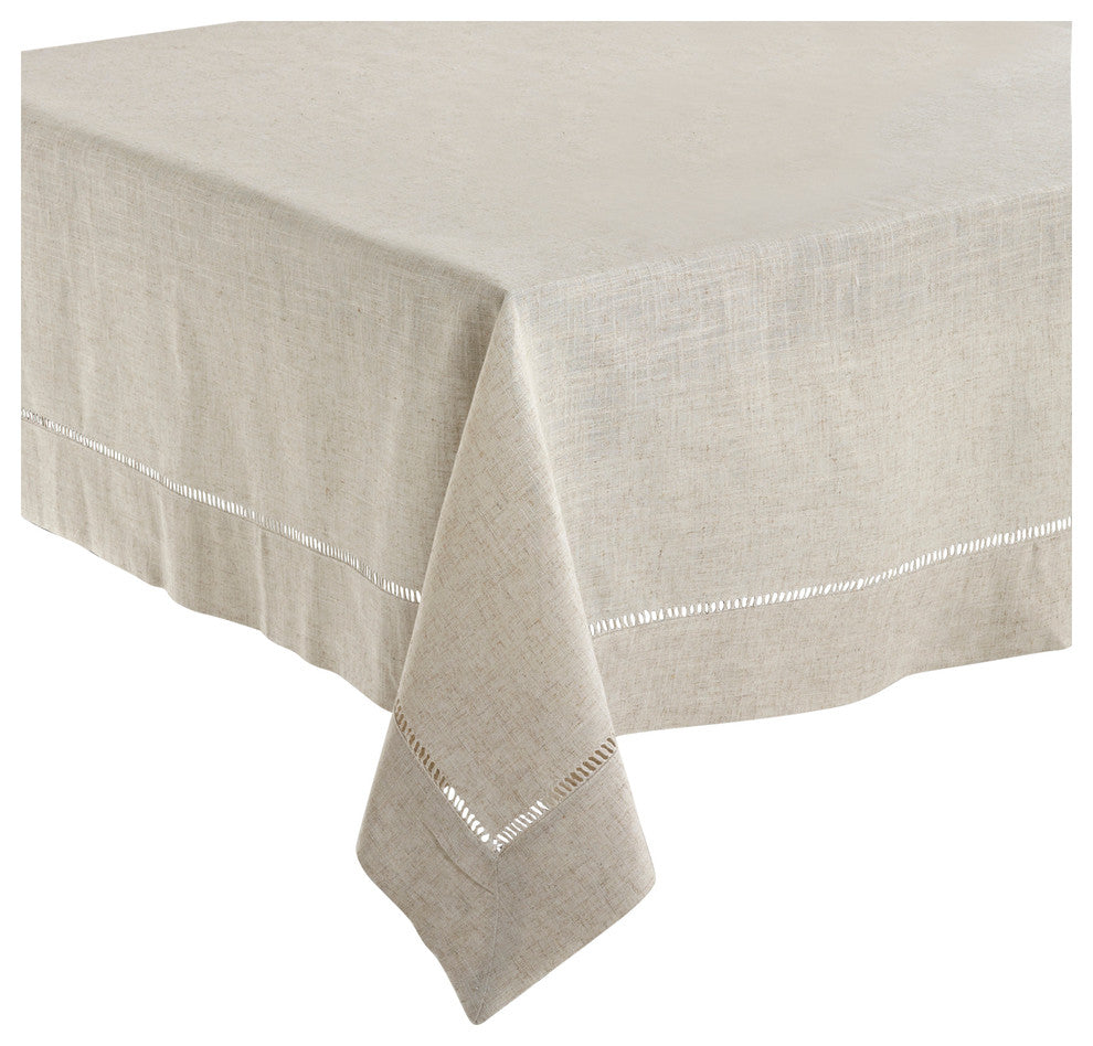 Classic Hemstitched Linen Blend Tablecloth, Natural, 65"x120" Oblong