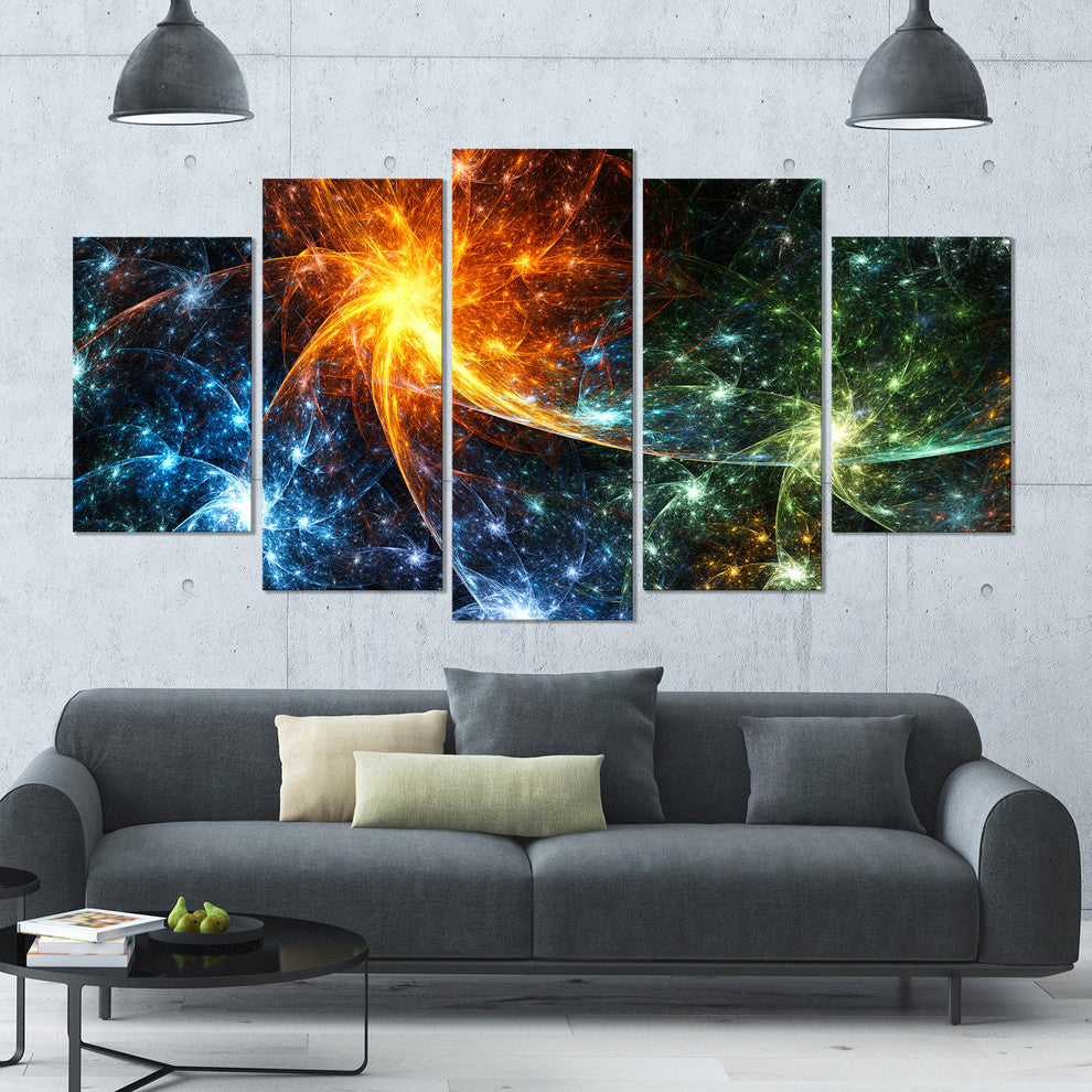 Colorful Fireworks with Stars, Contemporary Canvas Art Print, 60"x32", 5 Panels