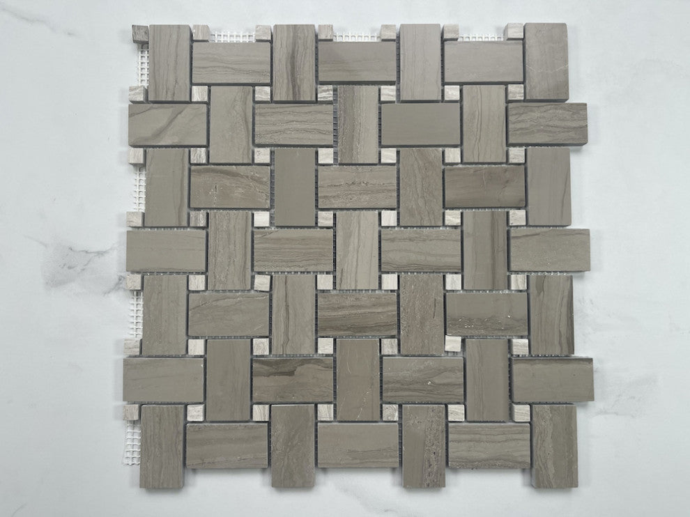 Basketweave Athens Grey Wooden Marble Mosaic Tile Haisa Dark Polished, 1 sheet