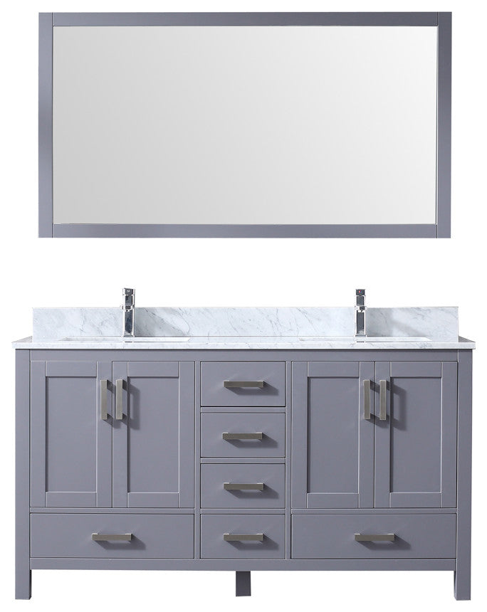 Jacques 60" Dark Gray Double Vanity Carrara Marble Top Sinks, 58" Wall Mirror