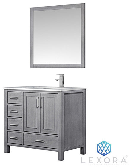 Jacques 36" Vanity, Wht Carrara Marble Top w/ 34" Mirror, Distressed Grey, Right