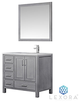 Jacques 36" Vanity, Wht Carrara Marble Top w/ 34" Mirror, Distressed Grey, Right