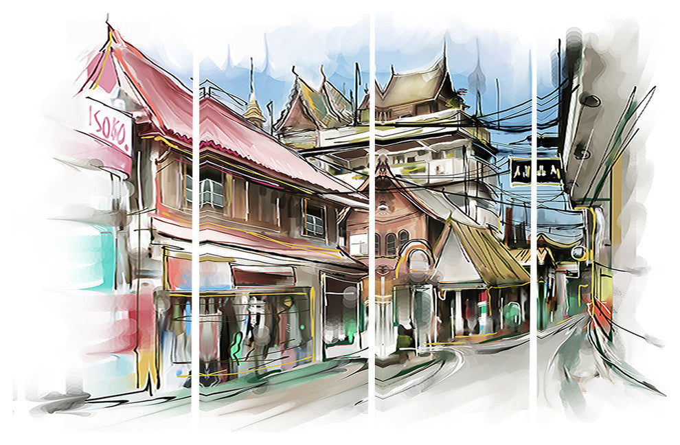 "City Street" Cityscape Wall Art, 4 Panels, 48"x28"