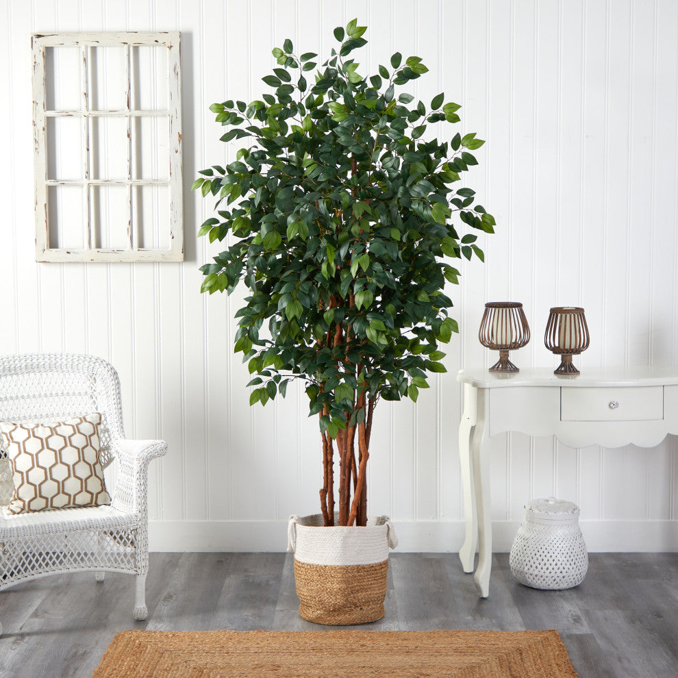 Lifestyle image showing the artificial tree in a real home environment.