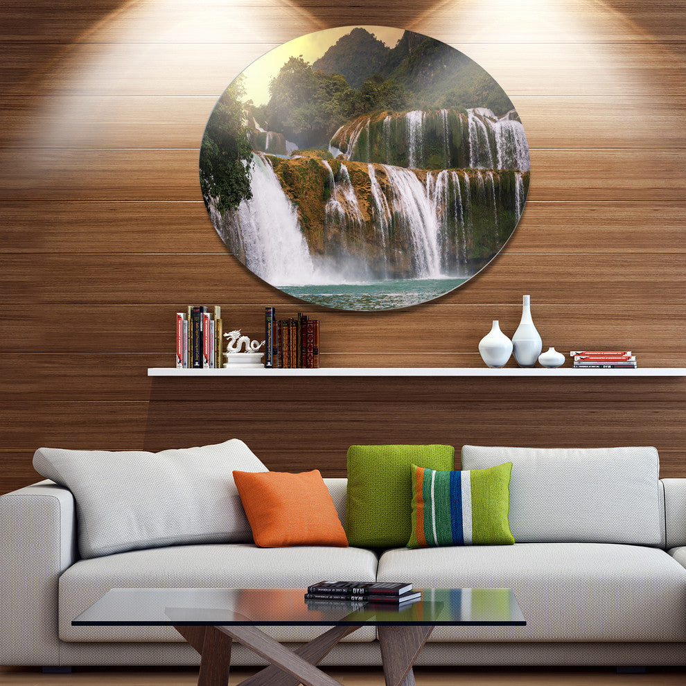 Beautiful Waterfall In Vietnam, Landscape Large Disc Metal Artwork, 11"