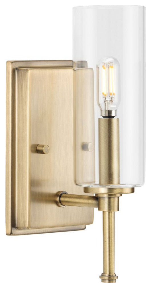 Elara Collection 4-3/4, 1-Light Vintage Brass Clear Glass Bath Vanity Light