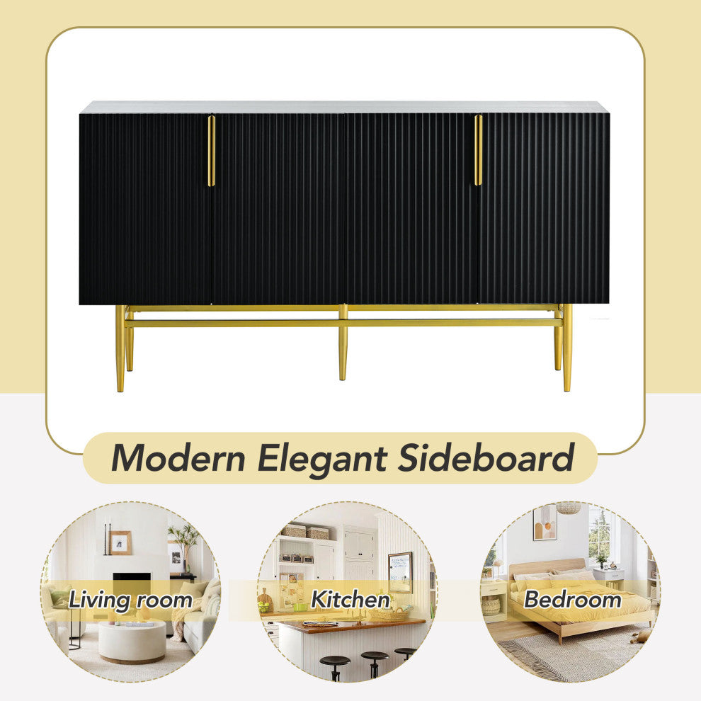 TATEUS 60" Modern Elegant 4-door Sideboard,Gold Metal Handle Storage Cabinet, Black