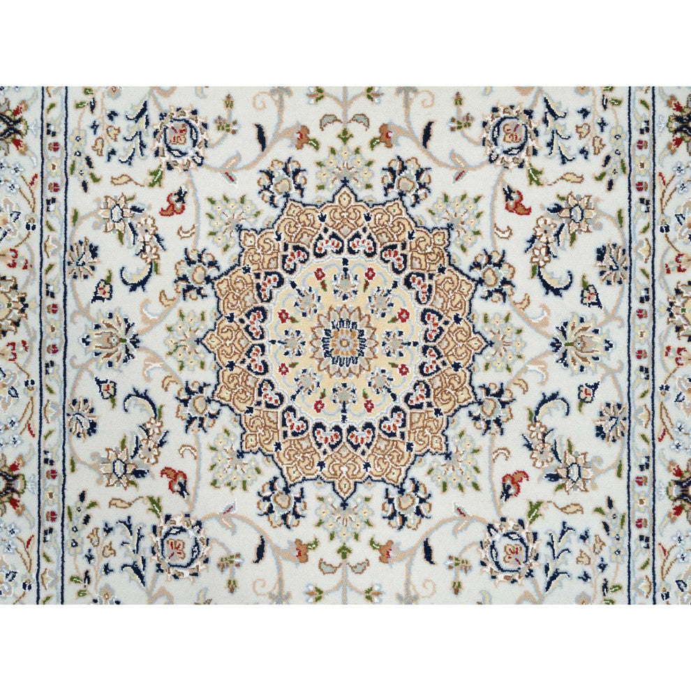 Ivory, Nain, 250 KPSI Wool and Silk Hand Knotted Wide Runner Rug, 4'2" x 10'1"