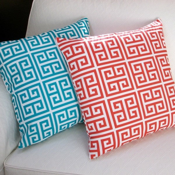 Outdoor 18" Greek Key Blue Or Orange Throw Pillow, Set Of 2, Orange, Throw Pillo