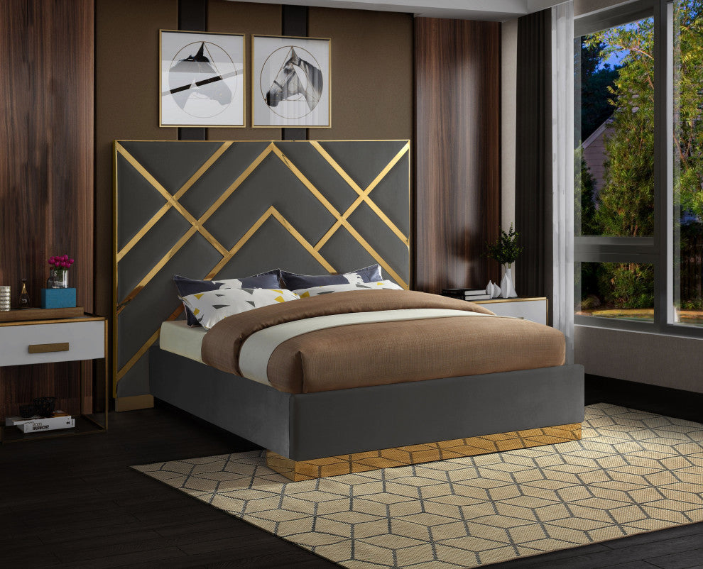 Vector Upholstered Bed, Gray, Queen, Velvet