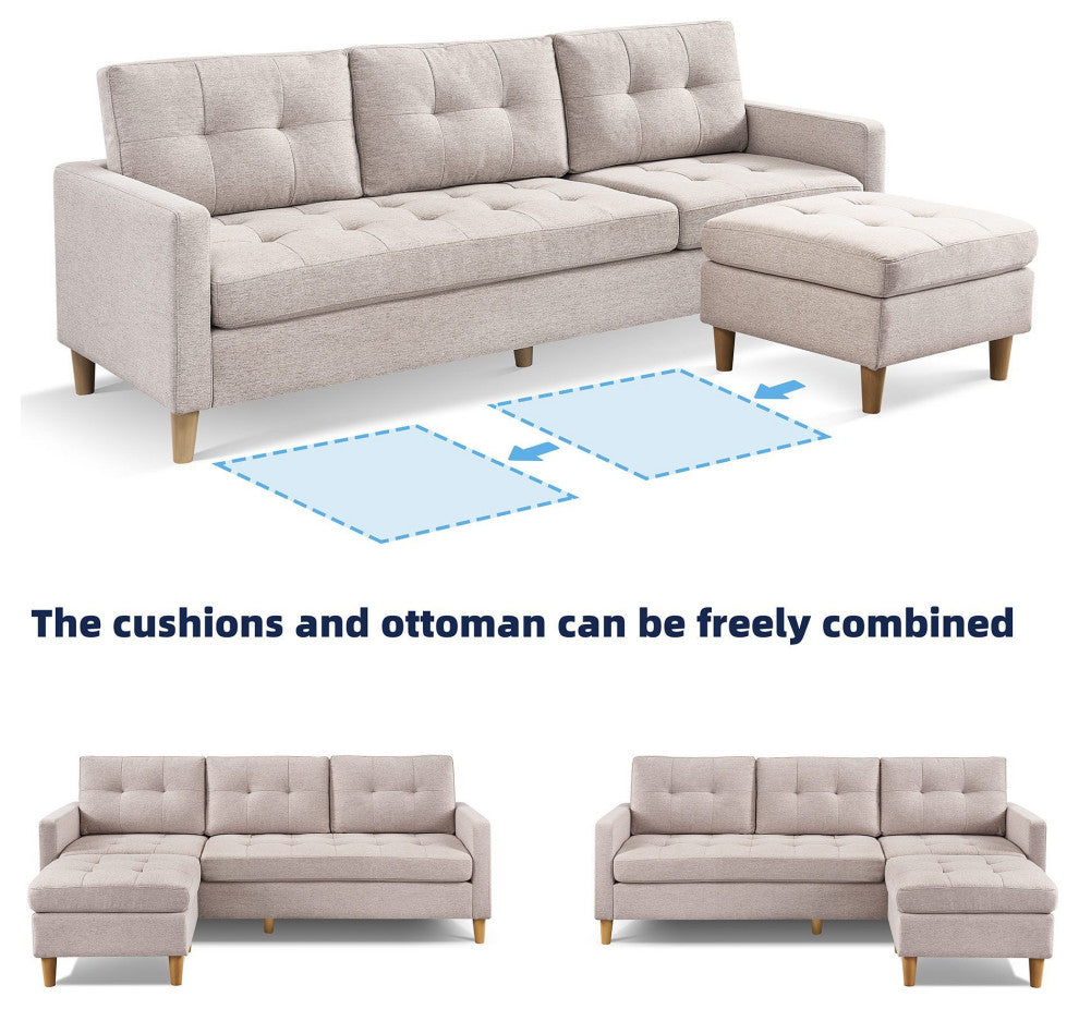 Stagecoach 87" 2-Piece Tufted Reversible Sectional With Ottoman, Beige