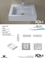 ADM Rectangular Wall Mounted Sink, White, 24", Matte White