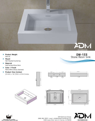 ADM Rectangular Wall Mounted Sink, White, 24", Matte White