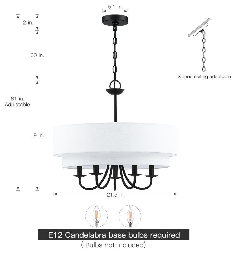 21.5"W 5-Light Black Chandelier Light With White Double Drum Shade