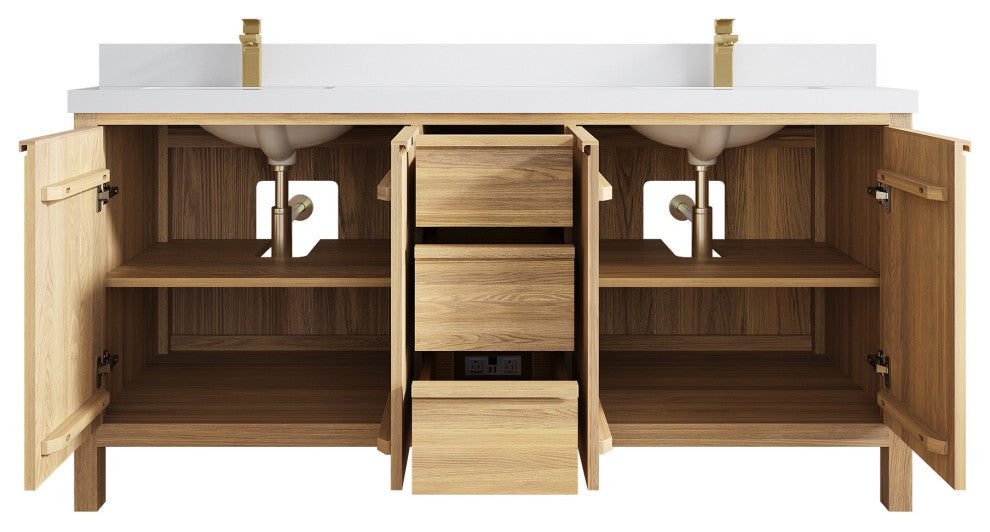 Elizabeth Oak 72" Double Sink Vanity, White 2" White Quartz