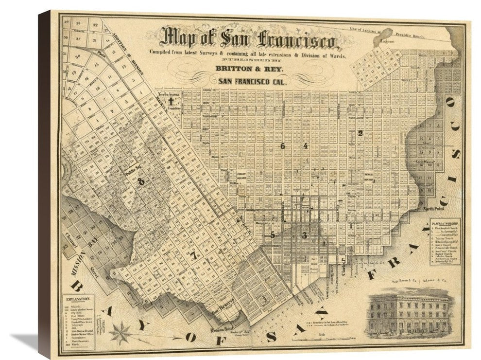 "Map of San Francisco, 1852" Stretched Canvas Giclee by Britton and Rey, 30"x24"