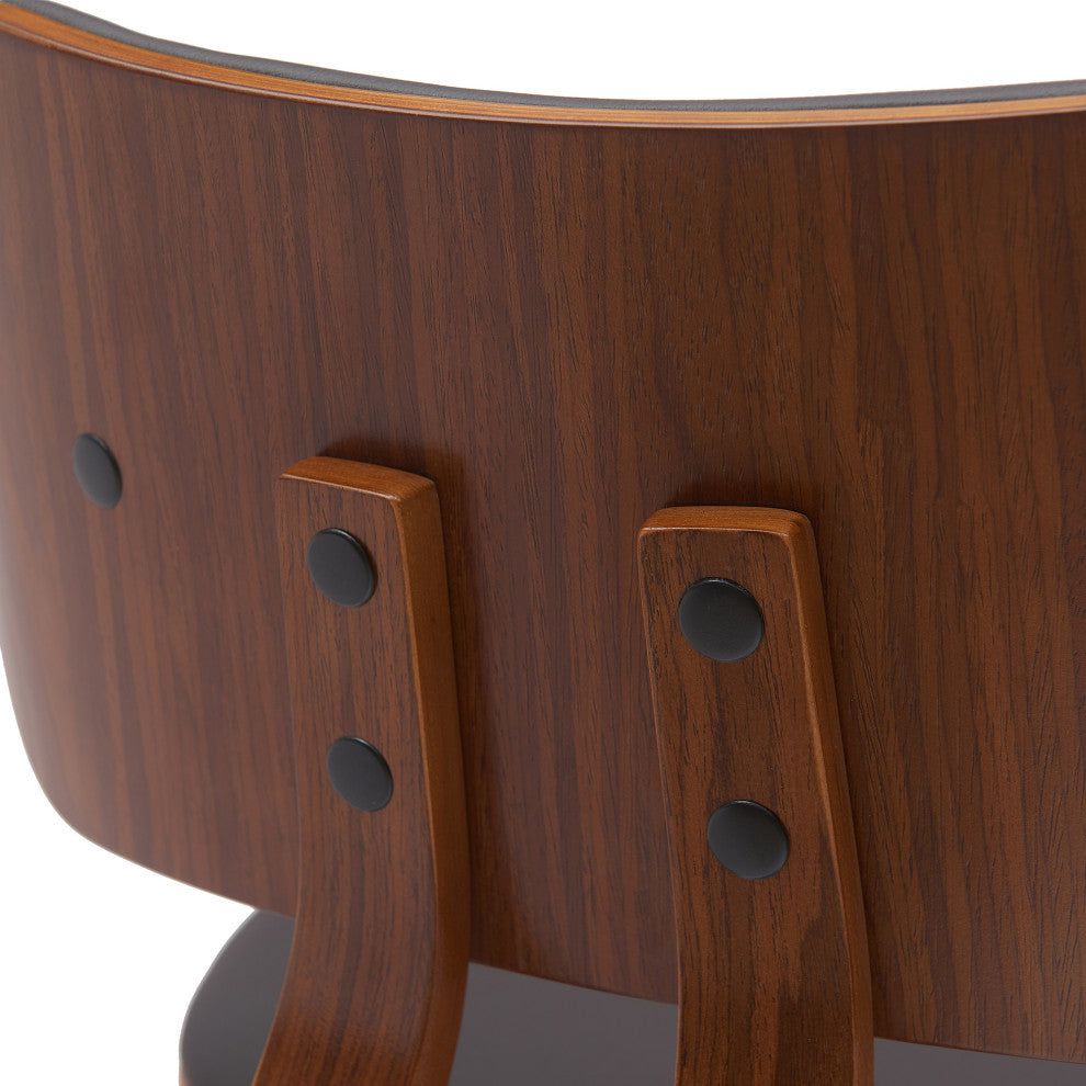 Pico 26" Swivel Walnut Wood Counter Stool, Brown Faux Leather With Chrome, 30