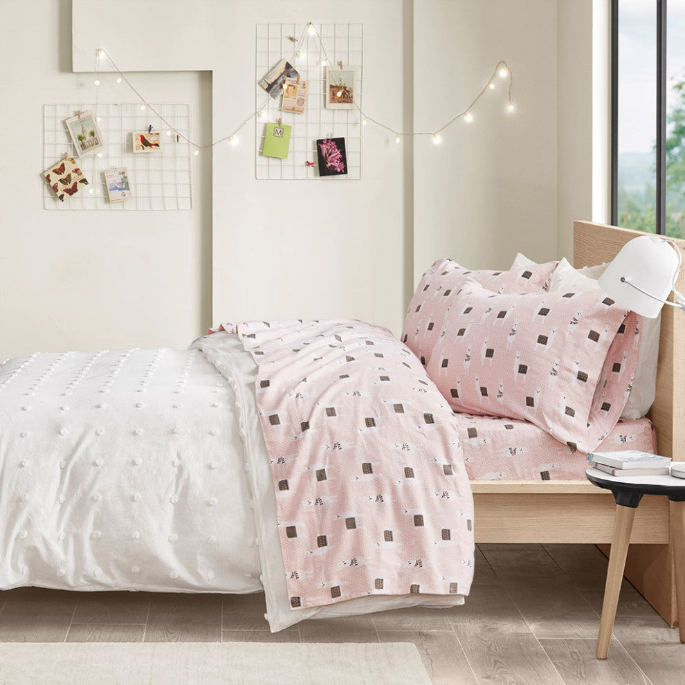 Intelligent Design Cozy Soft Cotton Flannel Printed Sheet Set, Pink Llamas