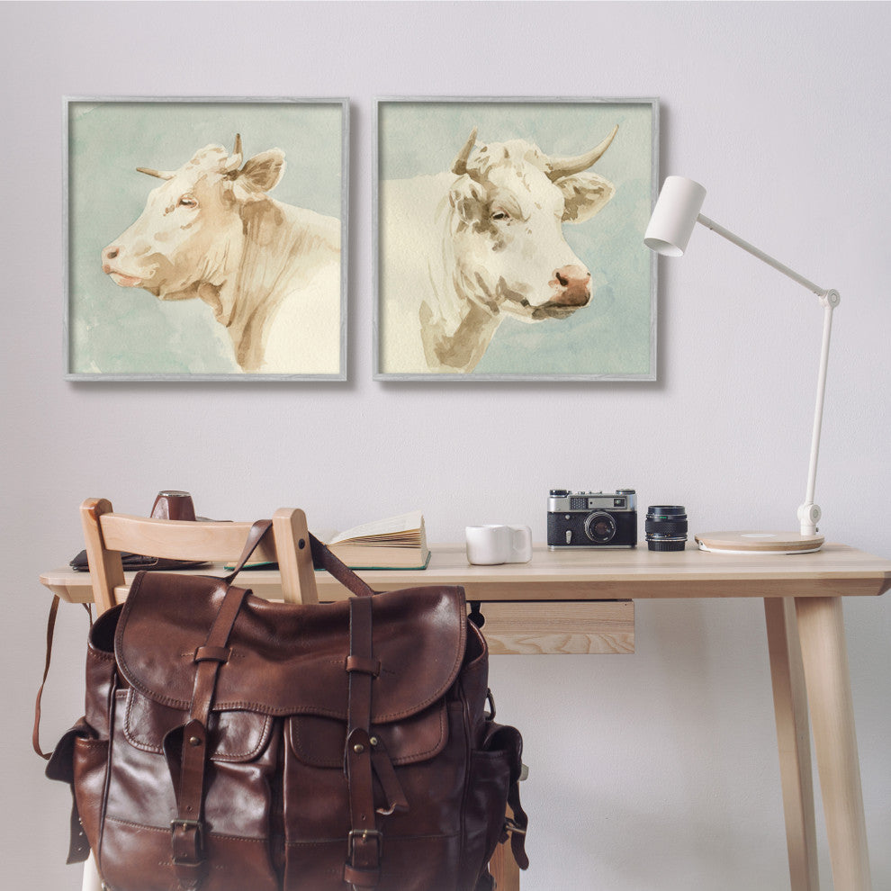 Vintage Farm Cattle Cows Watercolor Portrait Beige Blue,24 x 24