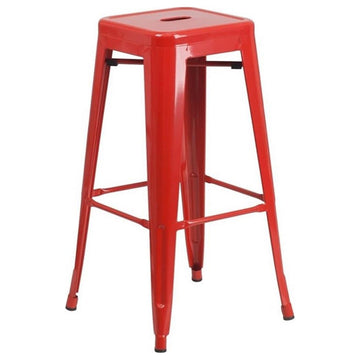 Bowery Hill Metal Bar Stool Chair in Red With Square Seat & Footrest