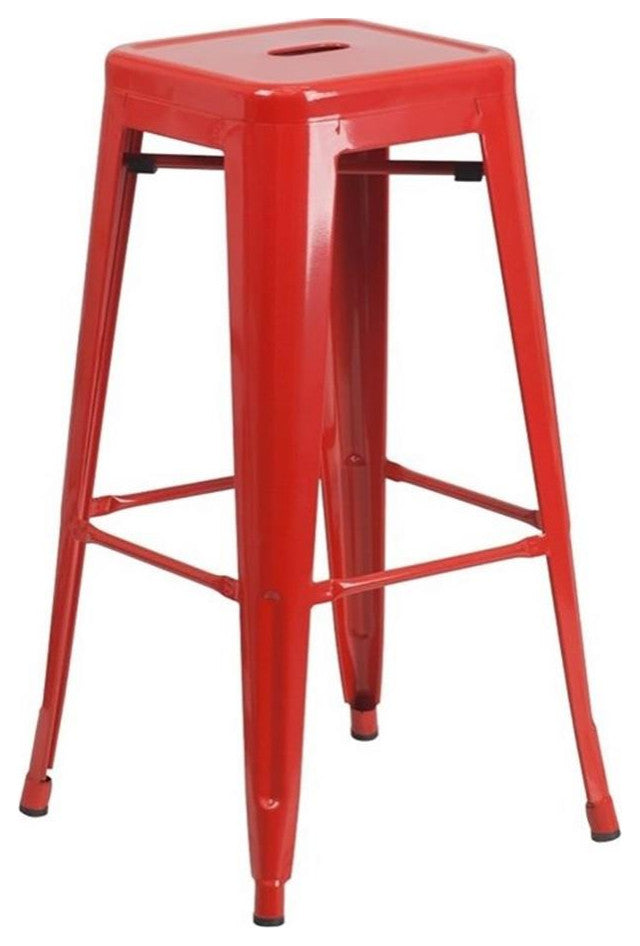 Bowery Hill Metal Bar Stool Chair in Red With Square Seat & Footrest