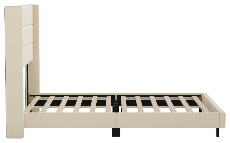 Hollis Upholstered Platform Bed with Wingback Headboard w/Mattress Foundation, Beige, Queen