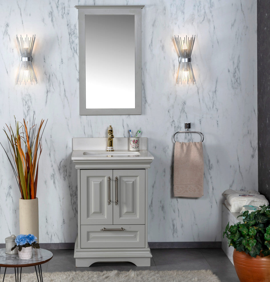 Romana Collection 24" Bathroom Vanity With Sink, Mirror, Countertop, Gray