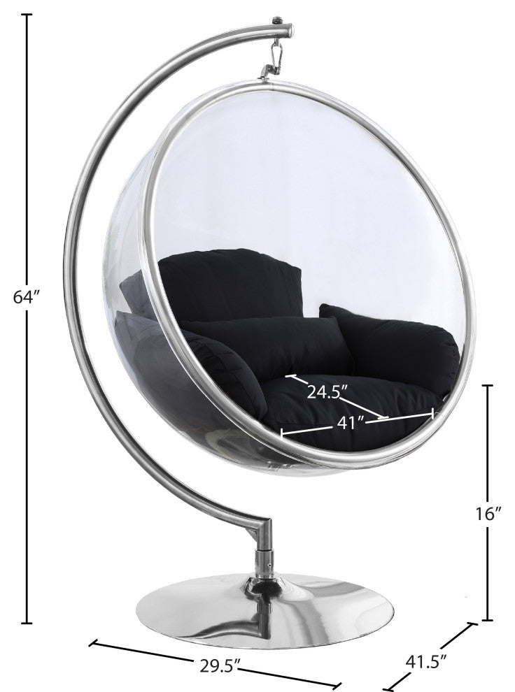 Luna Metal Acrylic Swing Bubble Accent Chair With Stand, Black, Chrome Base