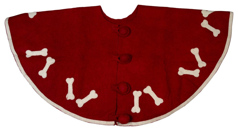 Dog Bones on Red Christmas Tree Skirt in Hand Felted Wool, 60"