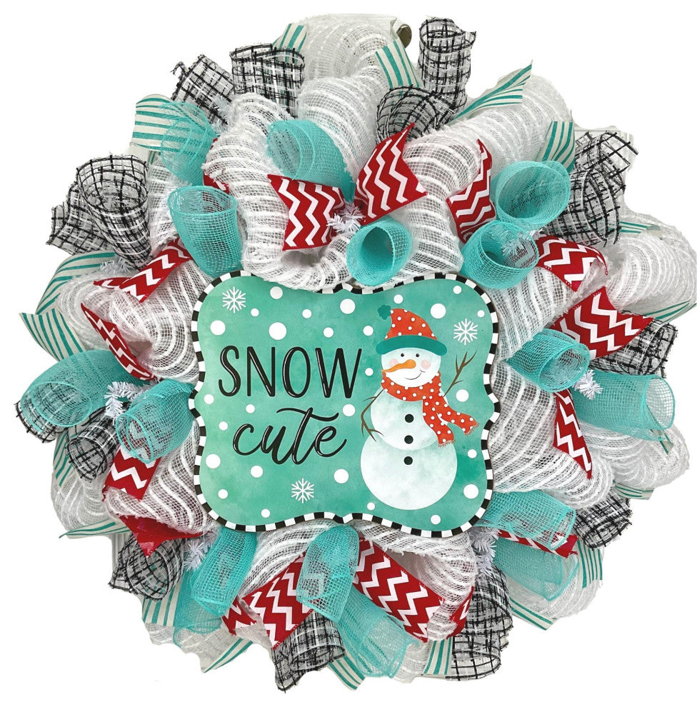 Snow Cute Snowman Winter or Christmas Handmade Deco Mesh Wreath