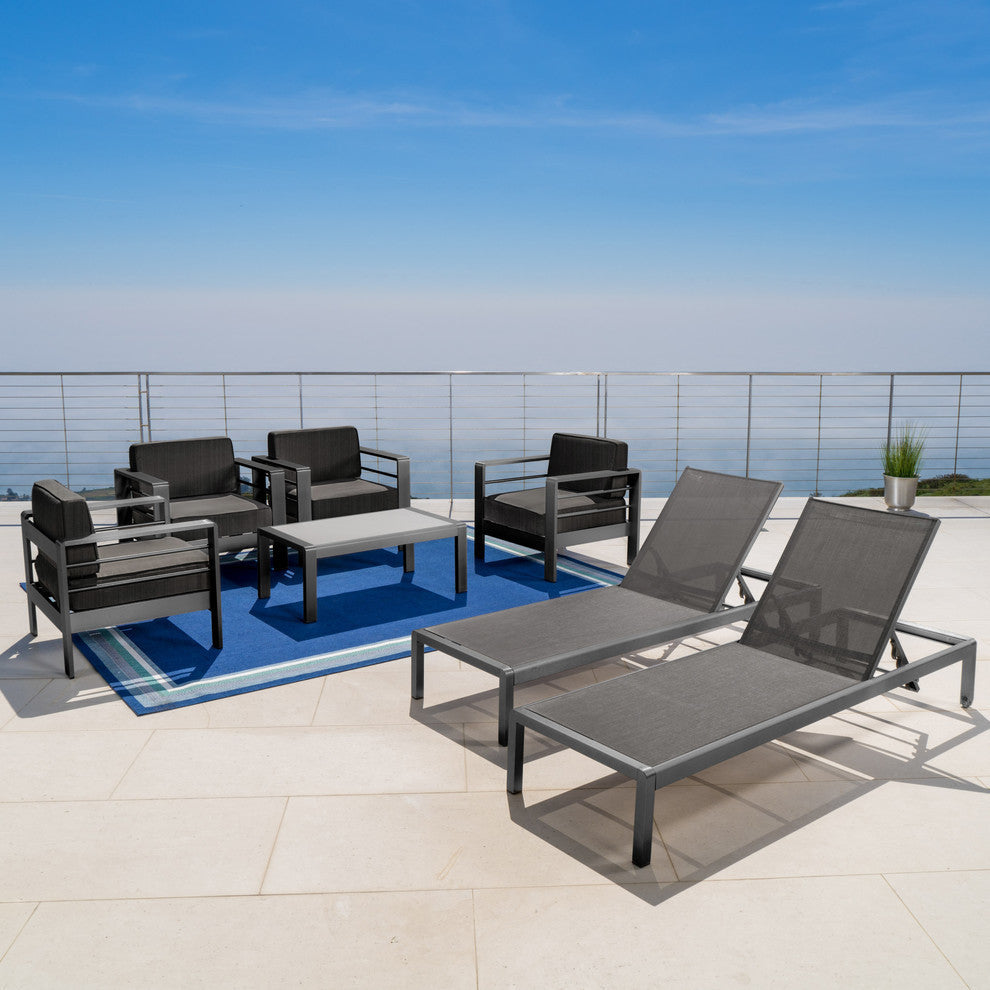 GDF Studio 7-Piece Coral Bay Outdoor Gray Aluminum Chat Set With Pair of Lounges