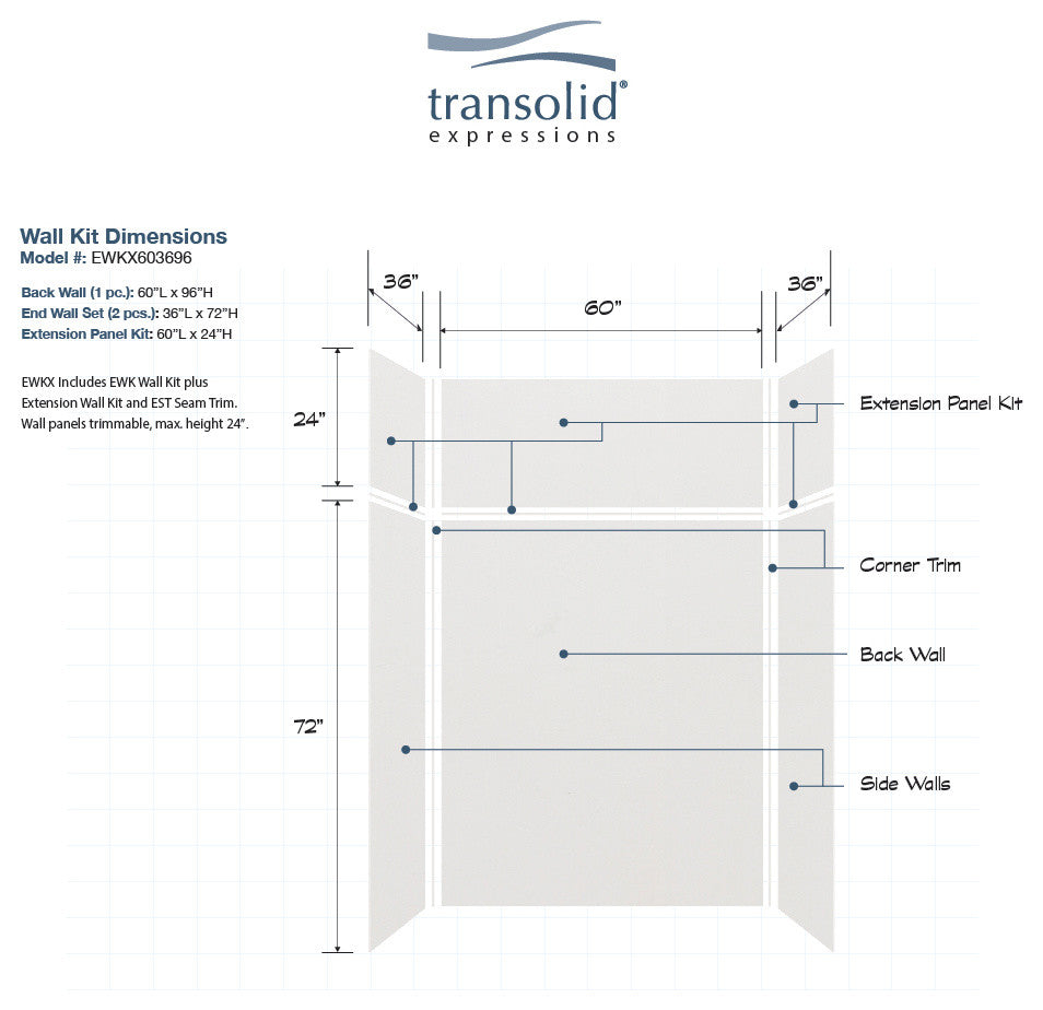 Transolid Expressions Shower Wall Kit, Gray, 36"x60"x96"