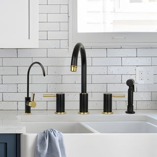 Two-Handles Copper Widespread Kitchen Faucet With Side Sprayer, Matte Black & Gold