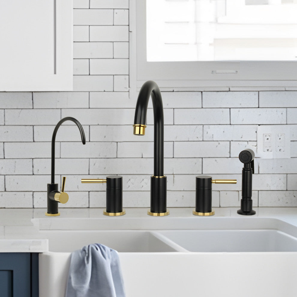 Two-Handles Copper Widespread Kitchen Faucet With Side Sprayer, Matte Black & Gold