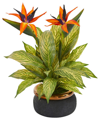 20" Bird of Paradise and Musa Leaf Artificial Arrangement, Stoneware Bowl