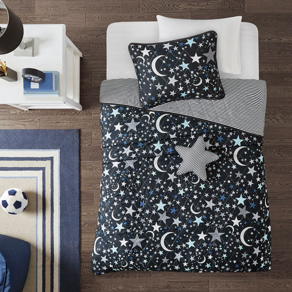 Mi Zone Kids Starry Night Stars Coverlet Set, Black, Antimicrobial, Twin