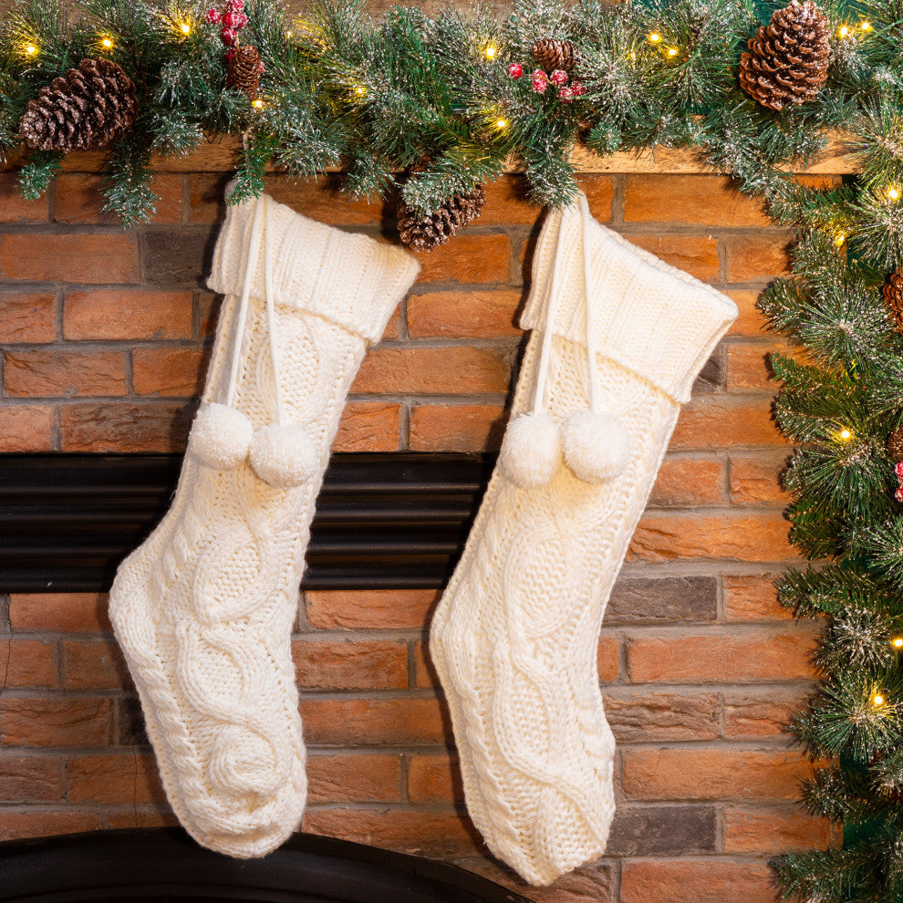 2-Pack 24"L Knitted Polyester Christmas Stocking With Pom Pom Ball, White