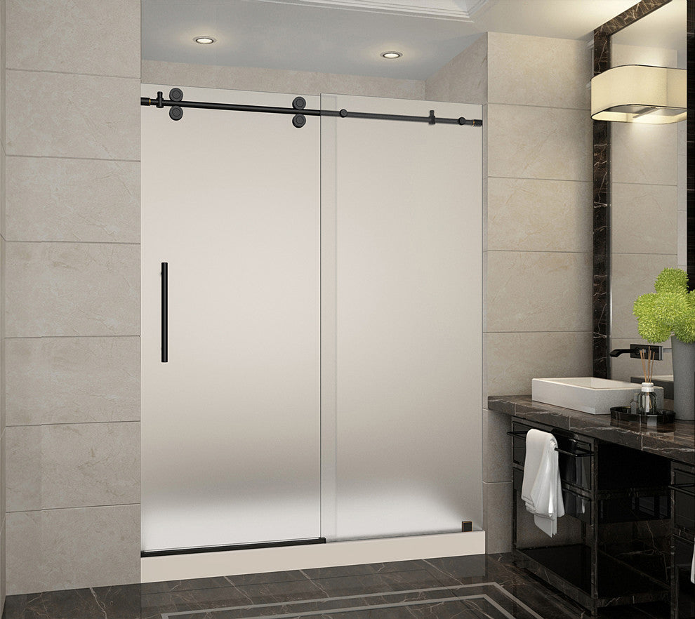 Langham Sliding Shower Door, Oil Rubbed Bronze and Frosted Glass With Left Base