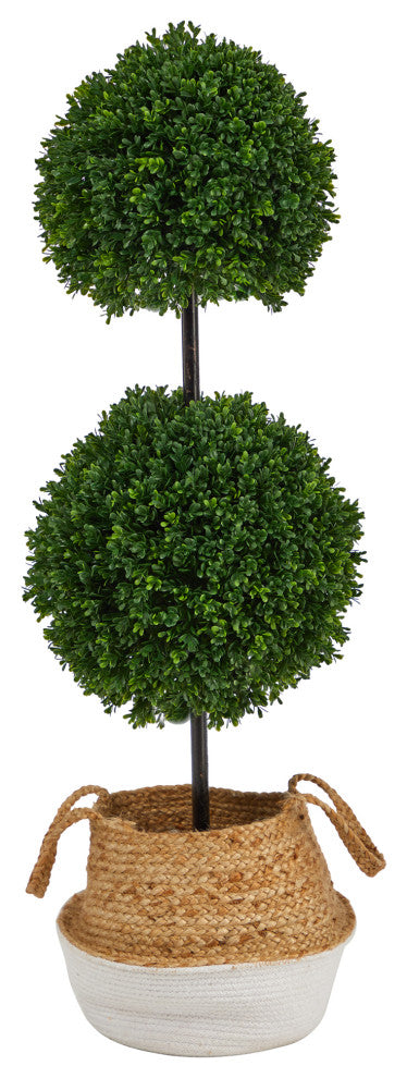 3.5' Boxwood Double Ball Faux Topiary Tree Handmade Cotton & Jute Woven Planter