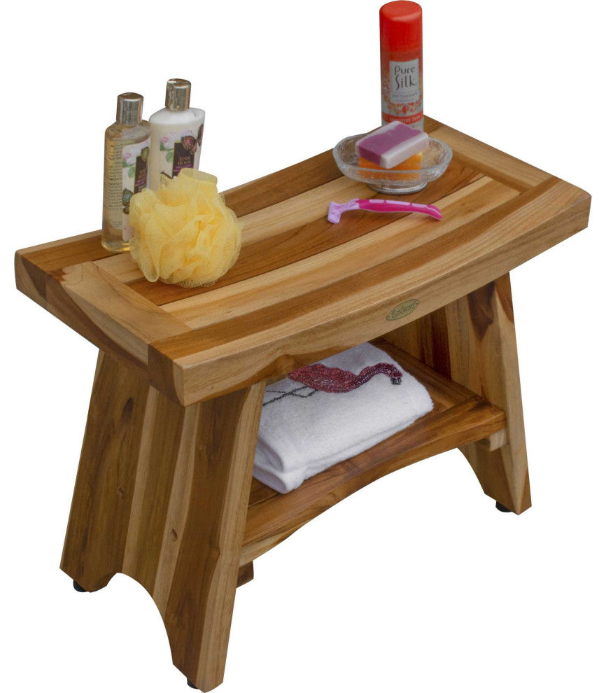HomeRoots Contemporary Teak Shower Bench With Shelf, Natural Finish