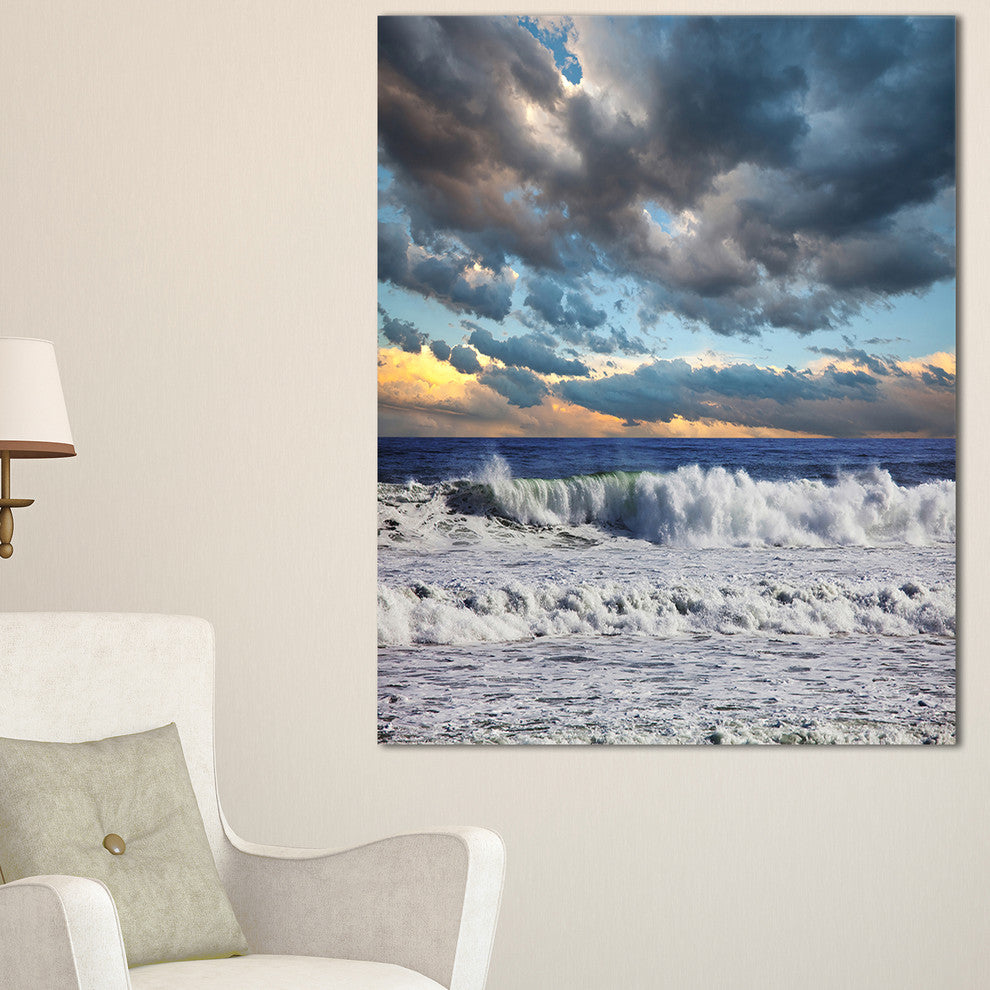 "Heavy Storm in Ocean At Sunset" Modern Beach Canvas Art Print, 20"x40"