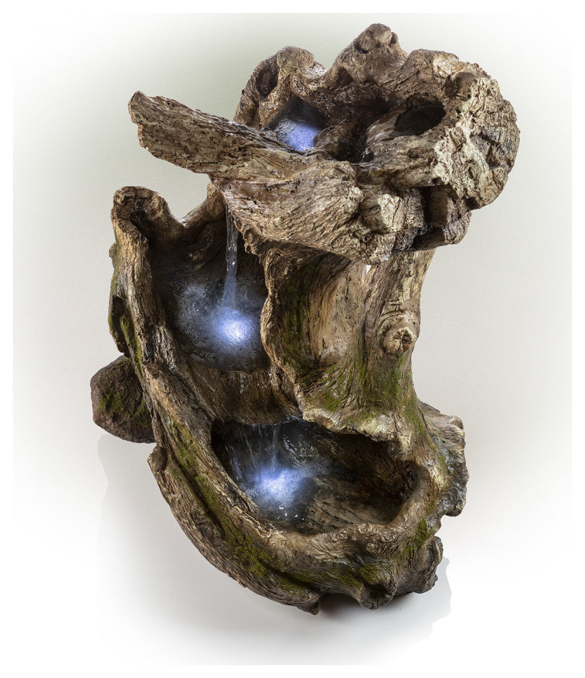 Alpine Rainforest Waterfall Tree Trunk Fountain With LED Lights, 41" Tall